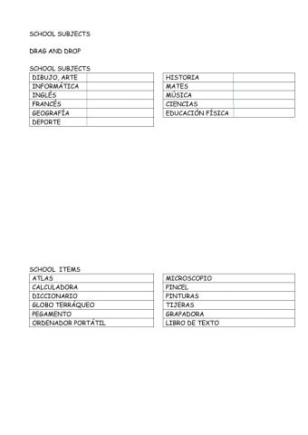 School subjects, school items and activities