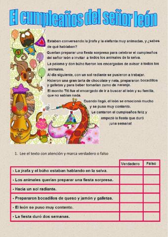 Lectura comprensiva: El cumpleaños del señor león