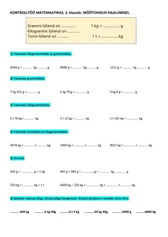 matm. kontrolltöö mõõtühikud kaalumisel