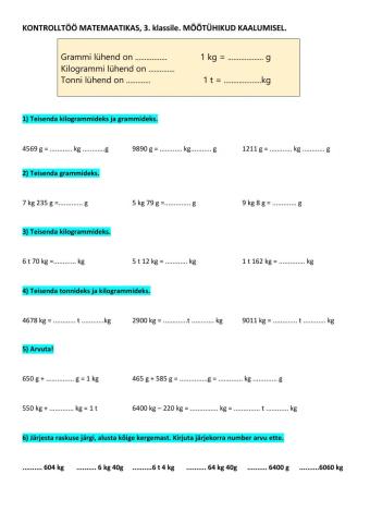 matm. kontrolltöö mõõtühikud kaalumisel