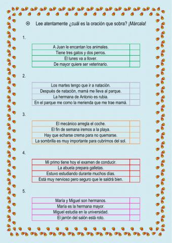 Lectura comprensiva - Señala la oración que sobra