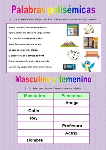 Repaso: palabras polisémicas, masculino-femenino, singular-plural y palabras individuales-colectivas