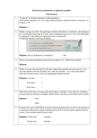 Rezolvarea problemelor cu ajutorul ecuațiilor.