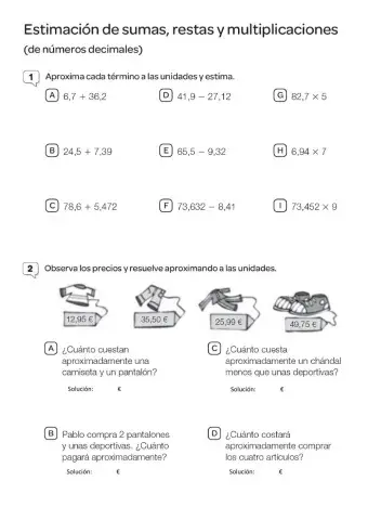 Estimación sumas, restas y multiplicaciones con decimales