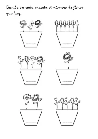 Escribe el número de flores de cada maceta