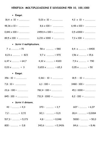 Moltiplicazioni e divisioni per 10, 100, 1000 con i n. decimali