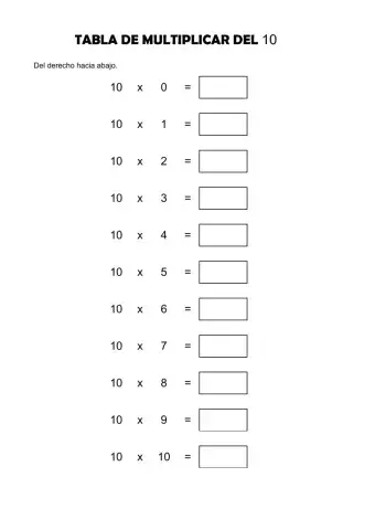 Tabla del 10 del derecho hacia abajo