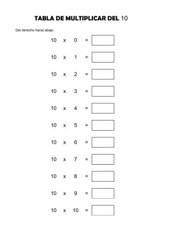 Tabla del 10 del derecho hacia abajo