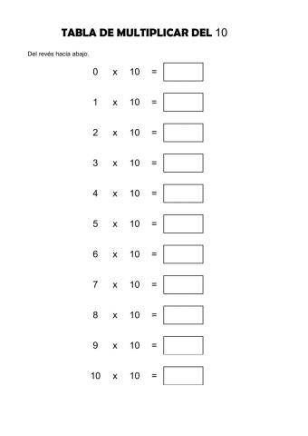 Tabla del 10 del revés hacia abajo
