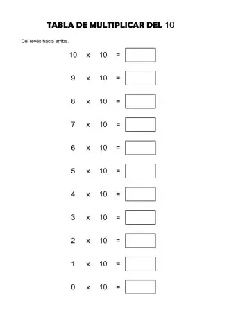 Tabla del 10 del revés hacia arriba.
