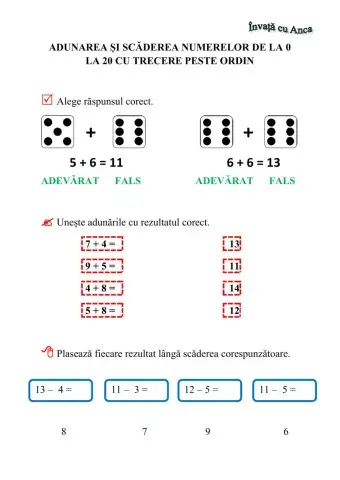 Adunarea și scăderea numerelor de la 0 la 20 cu trecere peste ordin