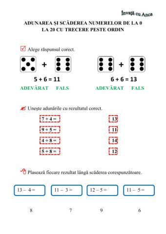 Adunarea și scăderea numerelor de la 0 la 20 cu trecere peste ordin