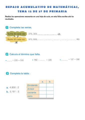 Repaso acumulativo tema 12 de Matemáticas de 3º de Primaria