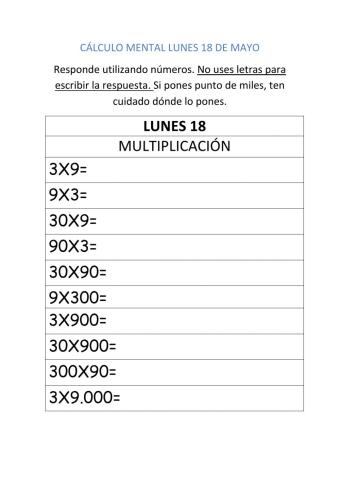 Cálculo mental 18 de mayo