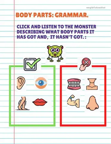 Grammar: Have has got, haven't  hasn't got. Body parts. Monsters.
