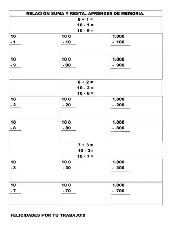 RELACIÓN SUMA RESTA  9+1, 8+2, 7+3. OAOA