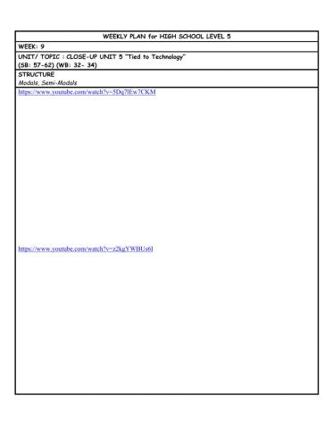 HS L5 WEEKLY PLAN week 9