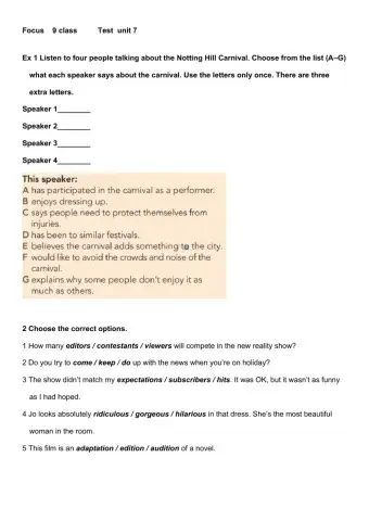 Focus 9 class Test unit 7