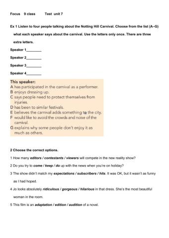 Focus 9 class Test unit 7