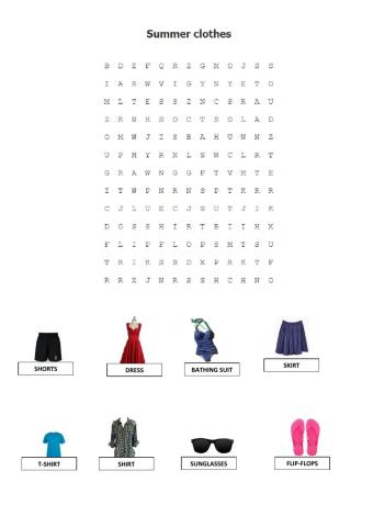 Summer clothes wordsearch