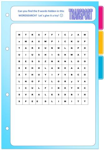 Wordsearch: transport (vocabulary bank)