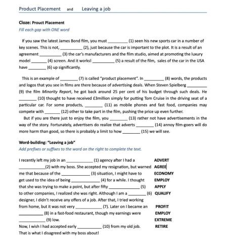 Cloze and Word Formation B2