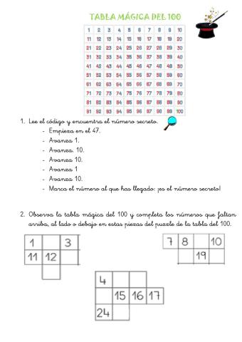 Tabla mágica del 100. Adivina el número y puzzles.