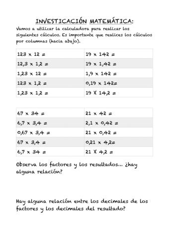 Investigación matemática. Multiplicar decimales