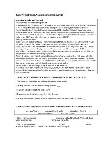 Revision. Past tenses. Disasters.