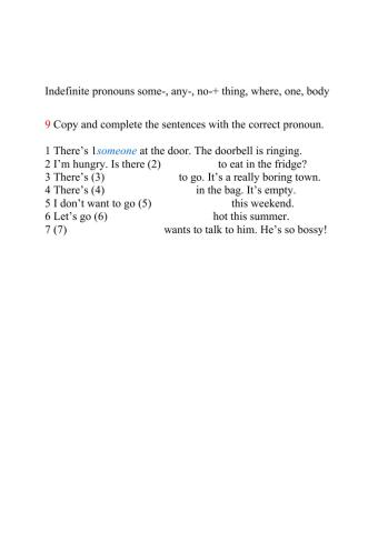 Indefinite pronouns some-, any-, no-+ thing, where, one, body