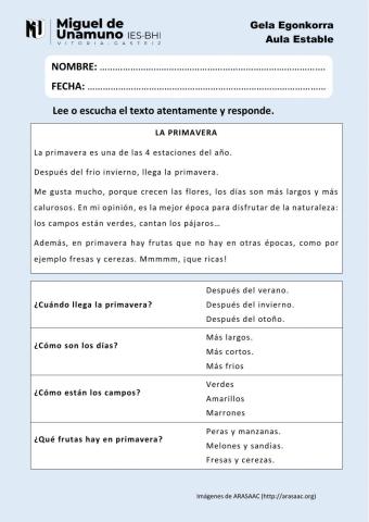 Comprensión oral: la primavera