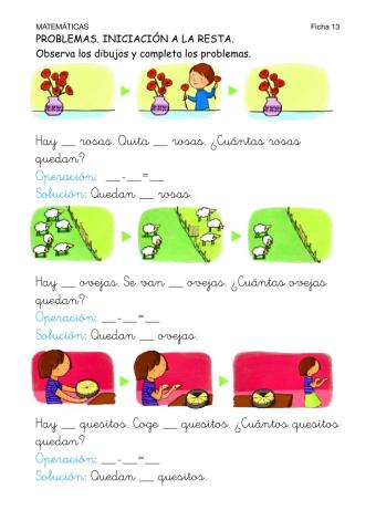 Matemáticas-Ficha 13-Problemas iniciación a la resta