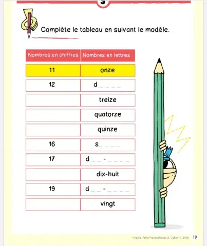 les nombres de 11 à 19