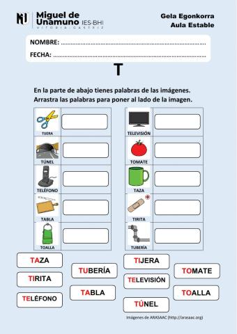 La T 3: arrastra las palabras y escríbelas