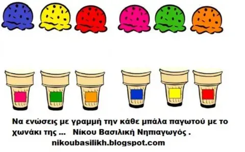 Ενωνω με γραμμη γευσεις παγωτων και χωνακια -νηπιαγωγειο