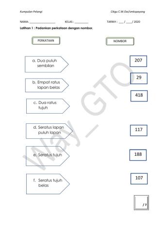 Padankan nombor dengan perkataan dalam 500