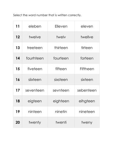 Word Numbers 11- 20