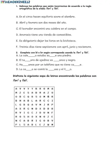 Actividad de las sílabas br y bl