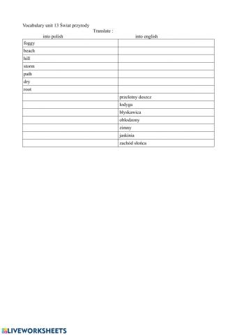 Vocabulary unit 13 Świat przyrody