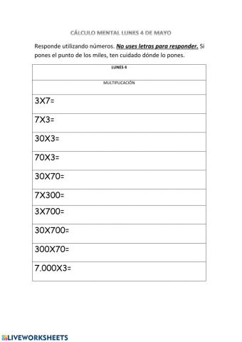 Cálculo mental 4 de mayo