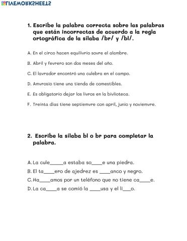 Actividad de las sílabas br y bl