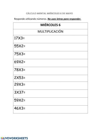 Cálculo mental 6 de mayo