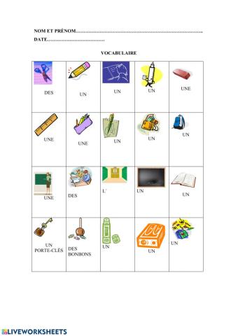 Vocabulaire matériel scolaire
