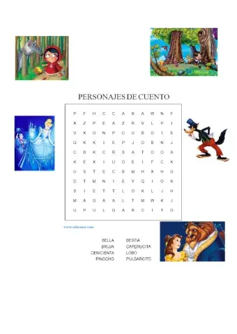 Sopa de letras de personajes de cuento