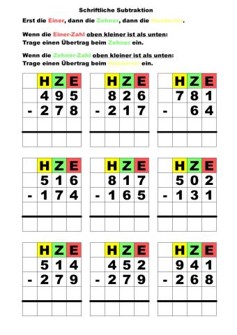 Schriftliche Subtraktion mit Übertrag