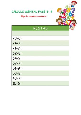 Cálculo mental Restas Fase 6