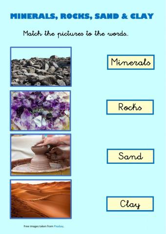 Minerals, rocks, sand and clay