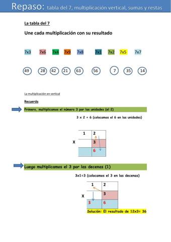 Tabla del 7, multiplicación vertical, sumas y restas