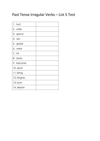 Irregular Past Tense Verbs - List 5