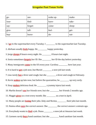 Irregular PAST tense verbs